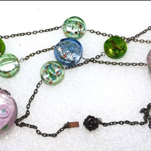 VINTAGE 28" GOLD TONE CHUNKY LAMPWORK ART GLASS CHAIN NECKLACE - Picture 2 of 5